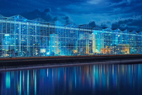 glazen kassen langs het water in de nacht bij maanlicht met de verstedelijking gespiegeld symbool voor groeiende bevolking